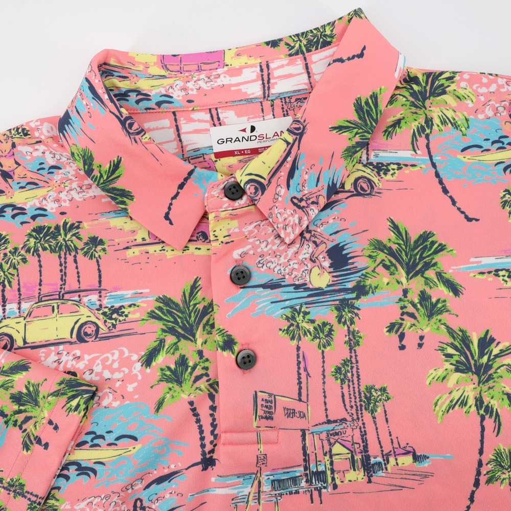 Grand Slam Performance Hawaiian Tropical Beach Print Polo Shirt Pink Mens XL